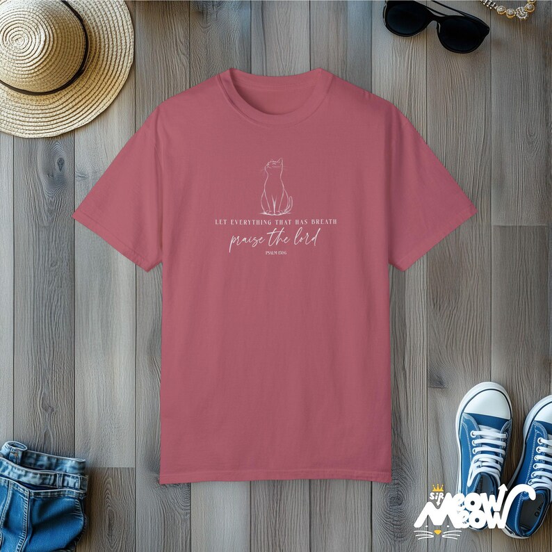 Comfort Colors Religious Cat Shirt | Praise the Lord Jesus Shirt Tee | Bible Verse Faith T-Shirt Crimson