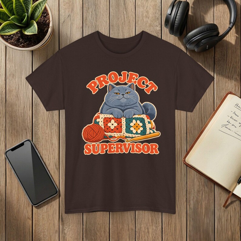 Project Supervisor Cat T-Shirt, Funny Crochet Shirt, Gift for Cat Lovers Dark Chocolate