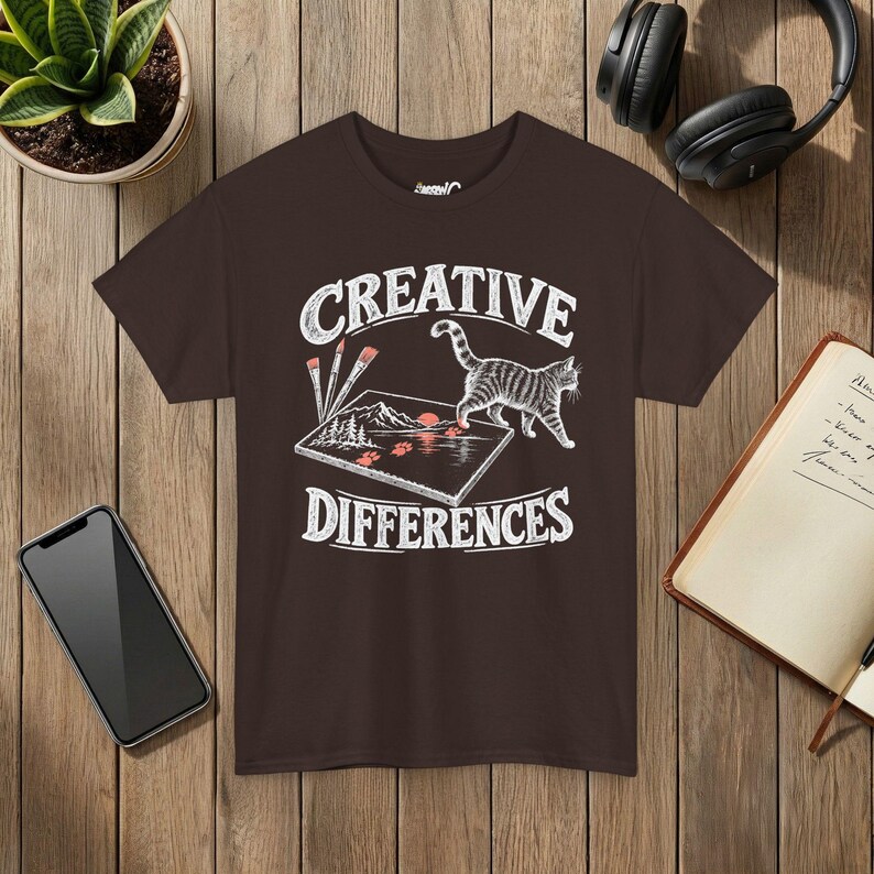 Creative Differences Cat T-Shirt, Funny Artist Cat and Paw Prints, Art Lover Gift, Gildan 5000 Dark Chocolate