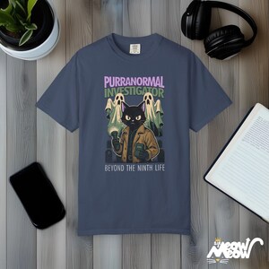 Purranormal Investigator T-Shirt Comfort Colors, Comic-Style Ghost Hunter Cat Tee, Beyond the Ninth Life Midnight