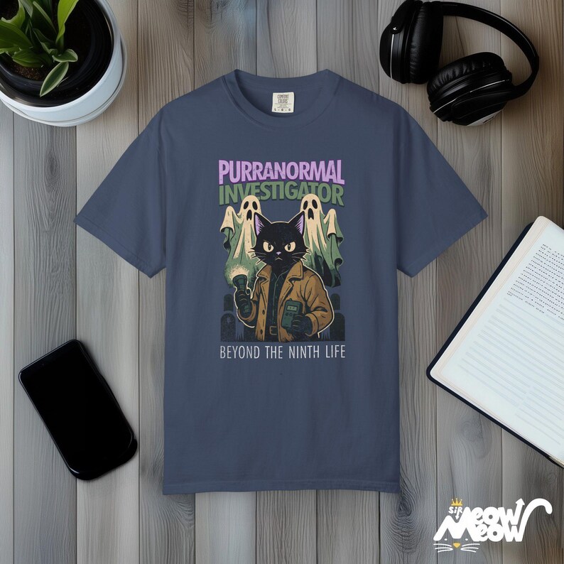 Purranormal Investigator T-Shirt Comfort Colors, Comic-Style Ghost Hunter Cat Tee, Beyond the Ninth Life Midnight
