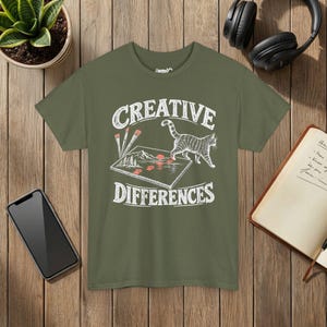 Creative Differences Cat T-Shirt, Funny Artist Cat and Paw Prints, Art Lover Gift, Gildan 5000 Military Green