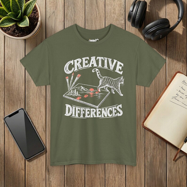 Creative Differences Cat T-Shirt, Funny Artist Cat and Paw Prints, Art Lover Gift, Gildan 5000 Military Green