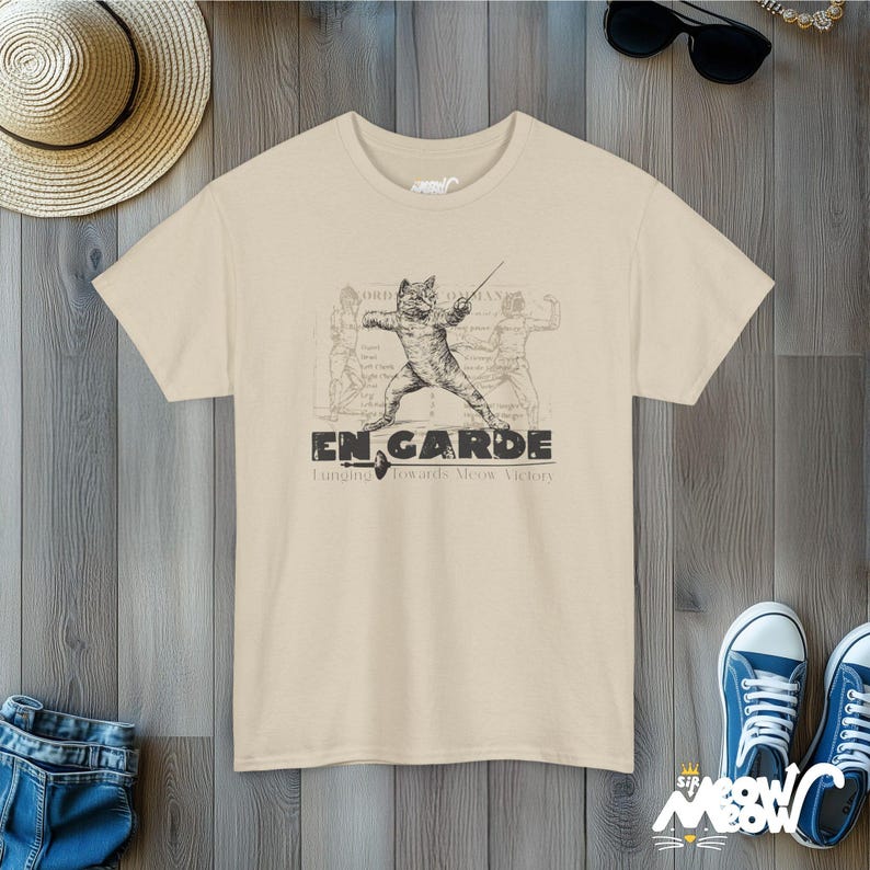 Fencing Cat Unisex Tee, Fencer Gift, Cat Lover Shirt, Sword Fighting En Garde T-Shirt Sand