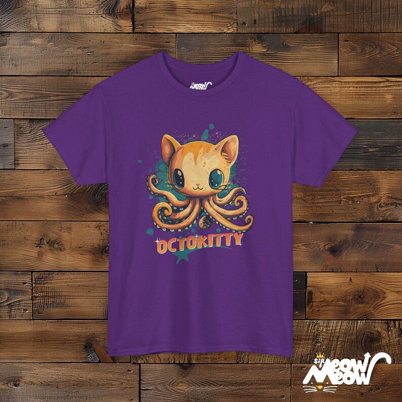 OctoKitty T-Shirt, Cute Octopus Cat Hybrid Design, Fun Ocean-Themed Cat Lover Tee, Quirky Animal Mashup Gift Purple