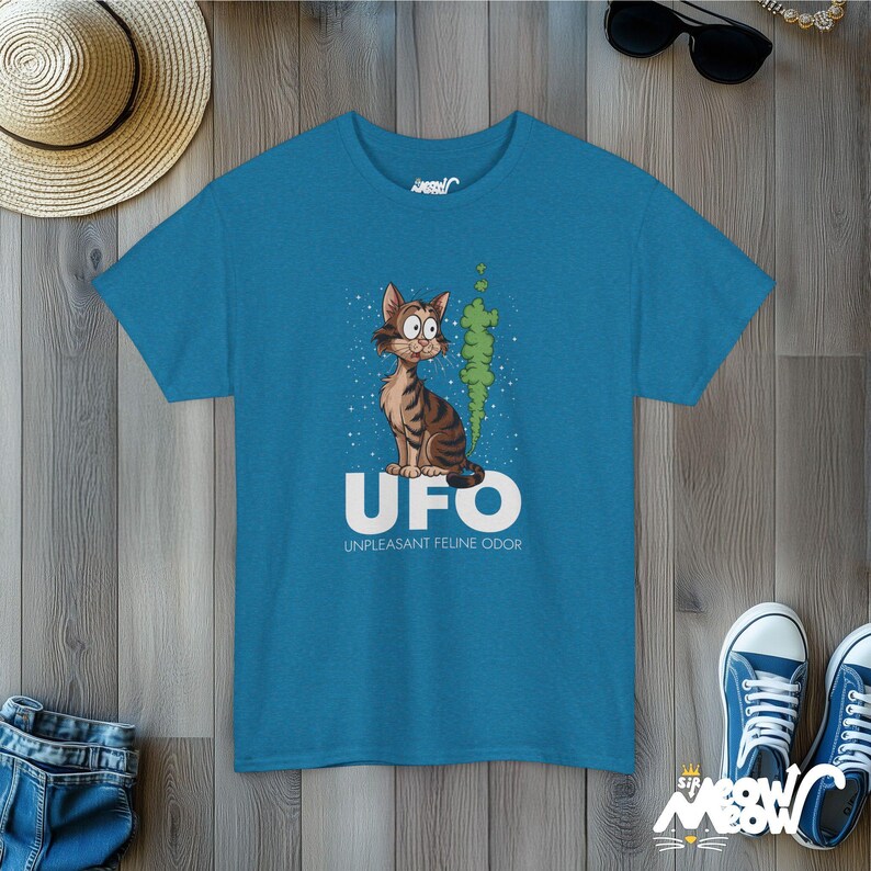 Funny Cat Graphic T-Shirt: UFO Unpleasant Feline Odor Tee Antique Sapphire