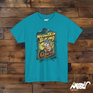 Meowtain Biking T-Shirt: Fun Cat Graphic Tee for Outdoor Lovers Tropical Blue