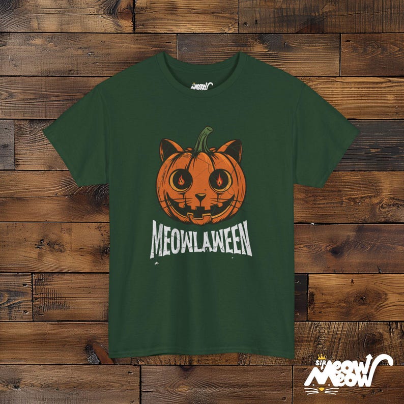 Meowlaween Halloween Cat Pumpkin Design, Spooky Fun Unisex T-Shirt for Cat Lovers Forest Green