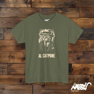 Al Catpone T-Shirt: Lustiges Gangster Katzen Grafik T-Shirt Military Green