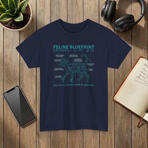 Feline Blueprint T-Shirt Cat Anatomy Illustration Science Graphic Tee Navy