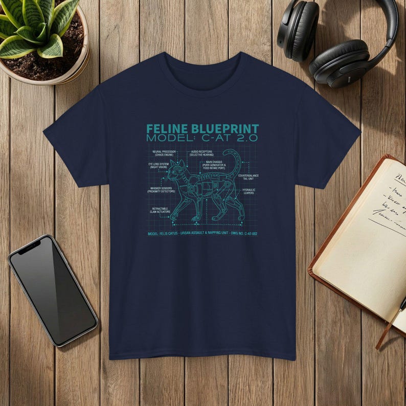 Feline Blueprint T-Shirt Cat Anatomy Illustration Science Graphic Tee Navy