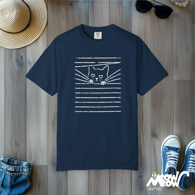 Comfort Colors Cat Blinds T-Shirt: Funny Mischief Tee True Navy
