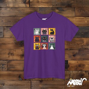 Retro Stamp Cat Grid T-Shirt: Kawaii Nine Cats Graphic Purple
