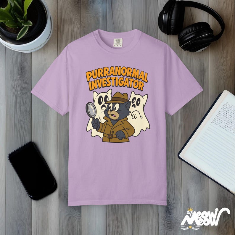 Purranormal Investigator T-Shirt: Funny Cat Ghost Hunter Comfort Colors Tee Orchid