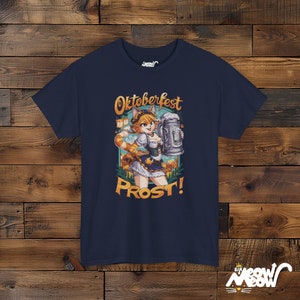 Oktoberfest Cat Girl T-Shirt: Bavarian Beer Prost! Tee Navy