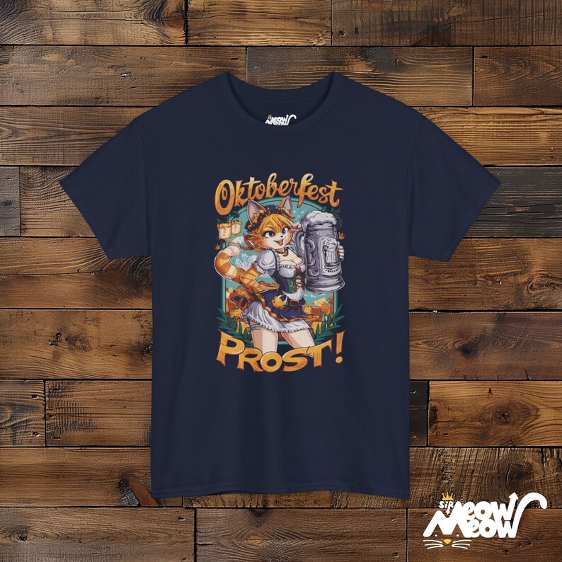 Oktoberfest Cat Girl T-Shirt: Bavarian Beer Prost! Tee Navy