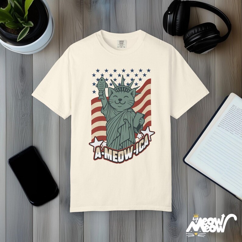 A-Meow-ica Cat T-Shirt: Patriotic Fourth of July Comfort Colors Tee Ivory