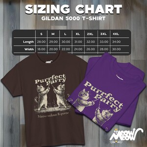 May include: A sizing chart for Gildan 5000 t-shirts, showing measurements in inches for length and width, for sizes S through 4XL. The chart is displayed on a wooden background. Two t-shirts are shown below the chart, one brown with a cat graphic and the text "Purrfect Parry Meow-velous Riposte", and one purple with the same graphic and text.
