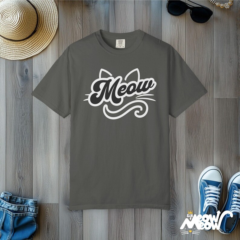 Meow Script Cat T-Shirt: Retro Kitty Comfort Colors Tee Pepper