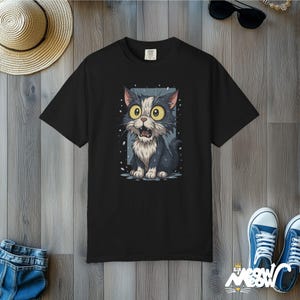 Funny Wet Cat T-Shirt: Wide-Eyed Kitty Graphic Tee Black