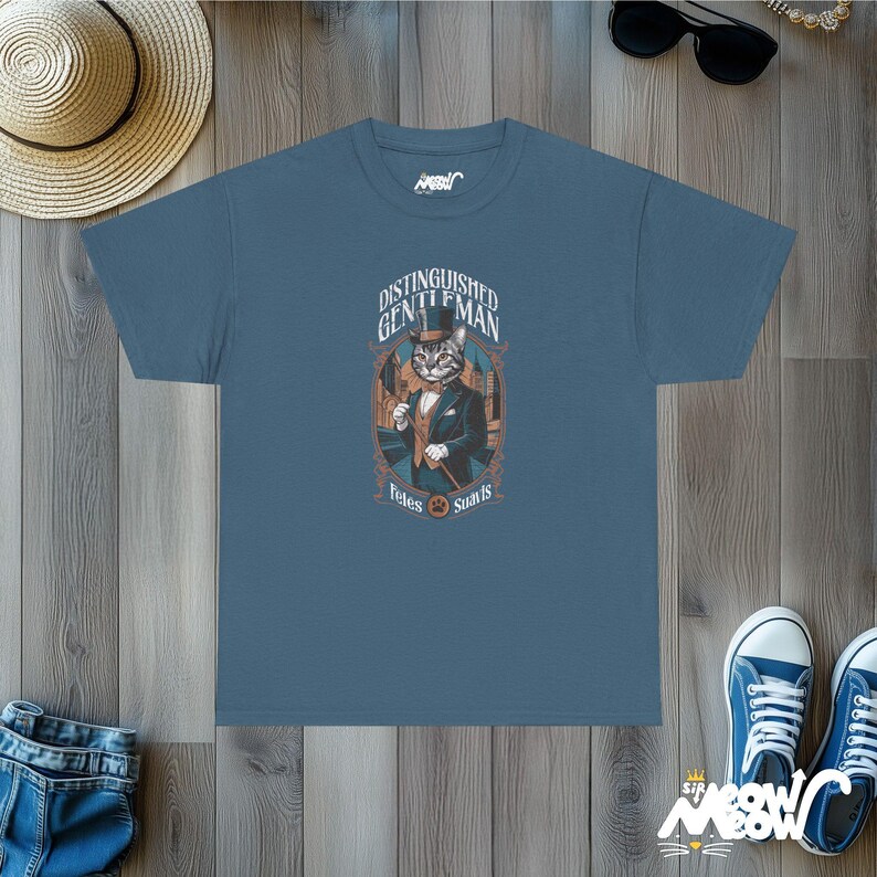 Aristocratic Cat T-Shirt: Retro Gentleman Feline Design Indigo Blue