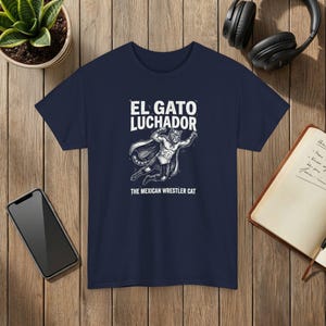 El Gato Luchador Mexican Wrestler Cat Graphic T-Shirt Black Cotton Tee image 7