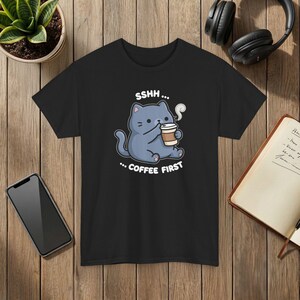 Coffee First Cat T-Shirt: Cartoon Illustration, Coffee Lover Gift Black