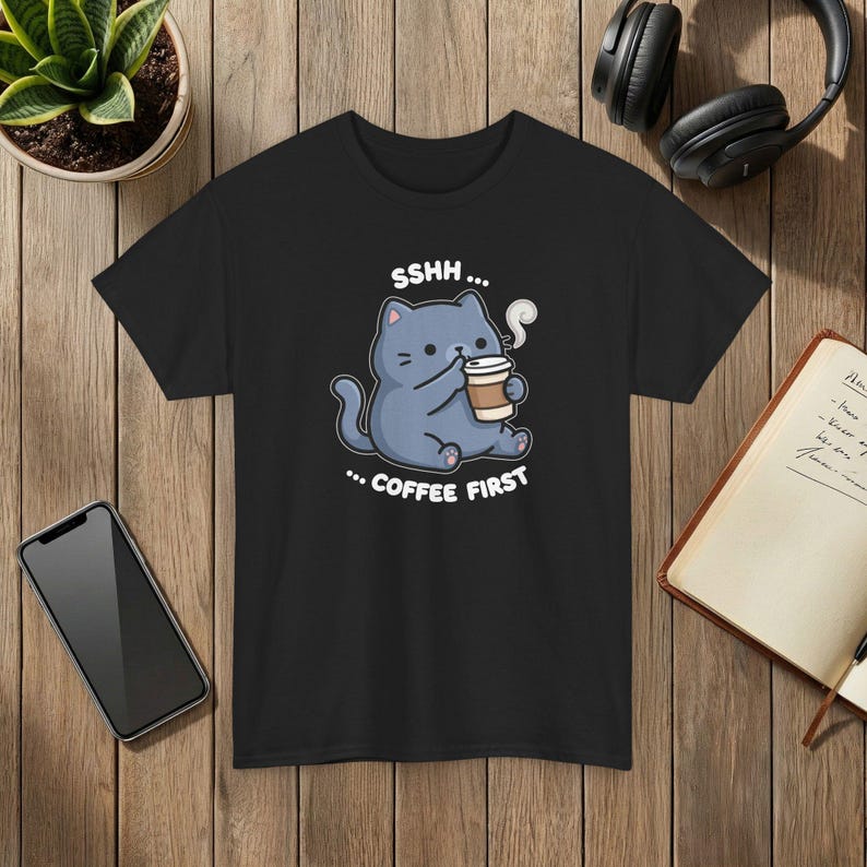 Coffee First Cat T-Shirt: Cartoon Illustration, Coffee Lover Gift Black