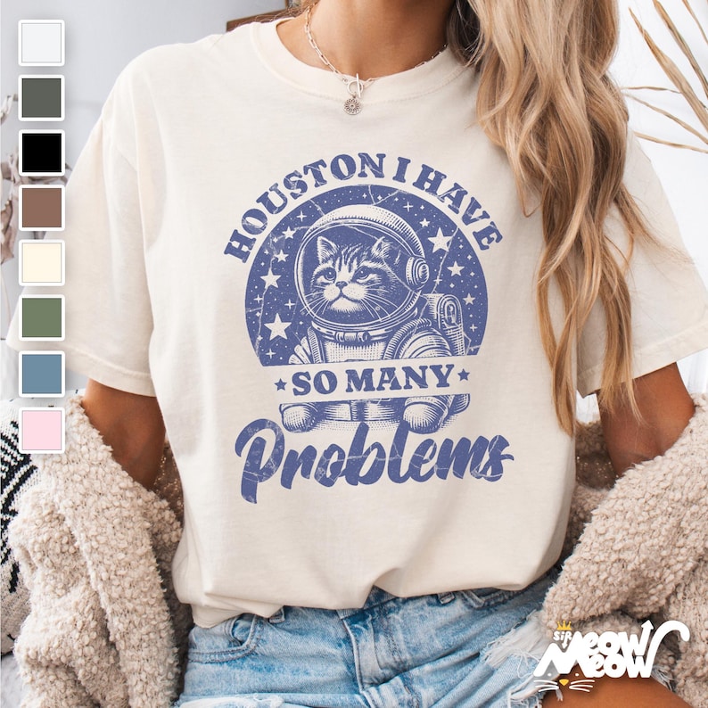 Vintage Cat Astronaut T-shirt: Houston I Have So Many Problems, Comfort Colors image 1