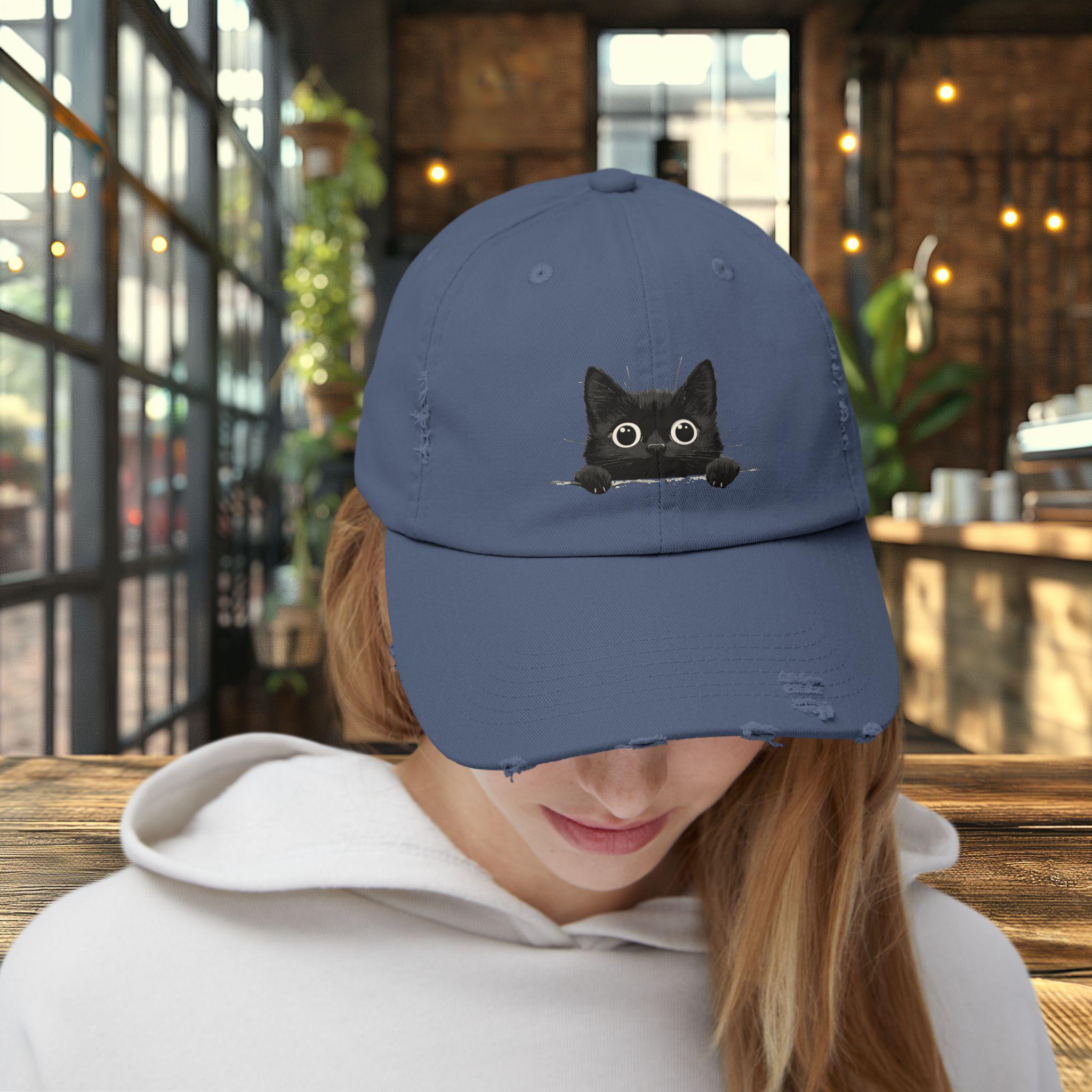 Black Distressed Cat Ear Cap Distressed Black Cat Cap: Vintage-style Peeking Cat Hat - Etsy main image 3