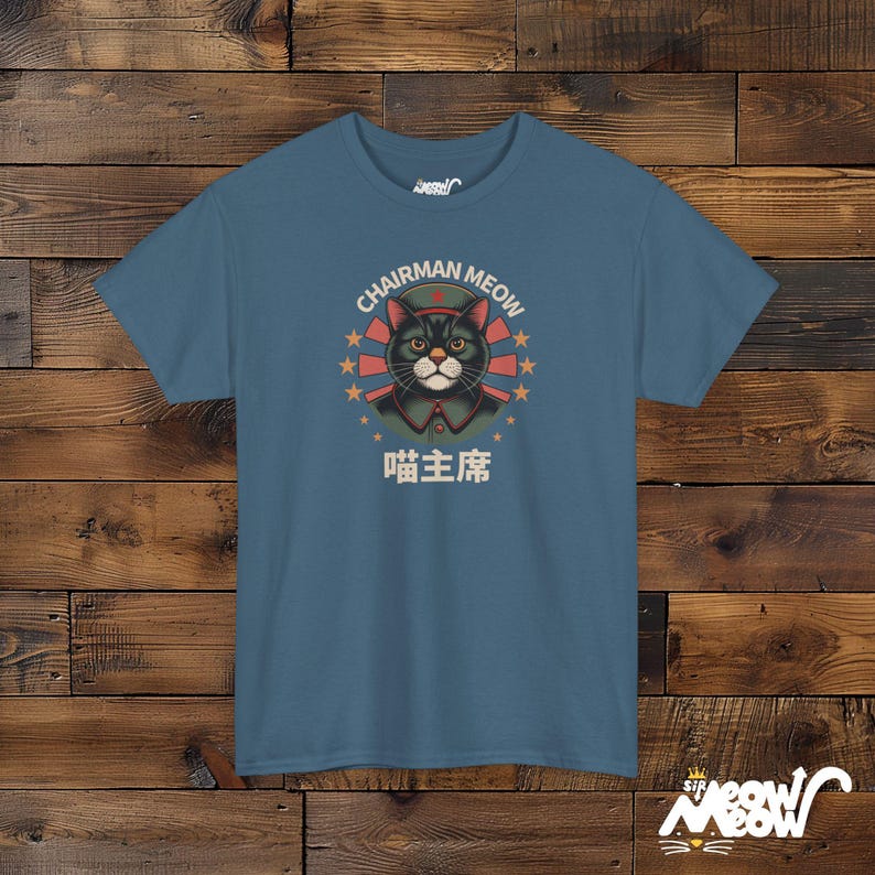 Chairman Meow Cat Tee: Retro Propaganda Shirt Indigo Blue