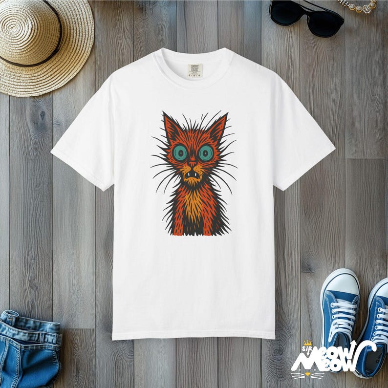 Retro Woodcut Cat T-Shirt: Scruffy Comfort Colors Tee White