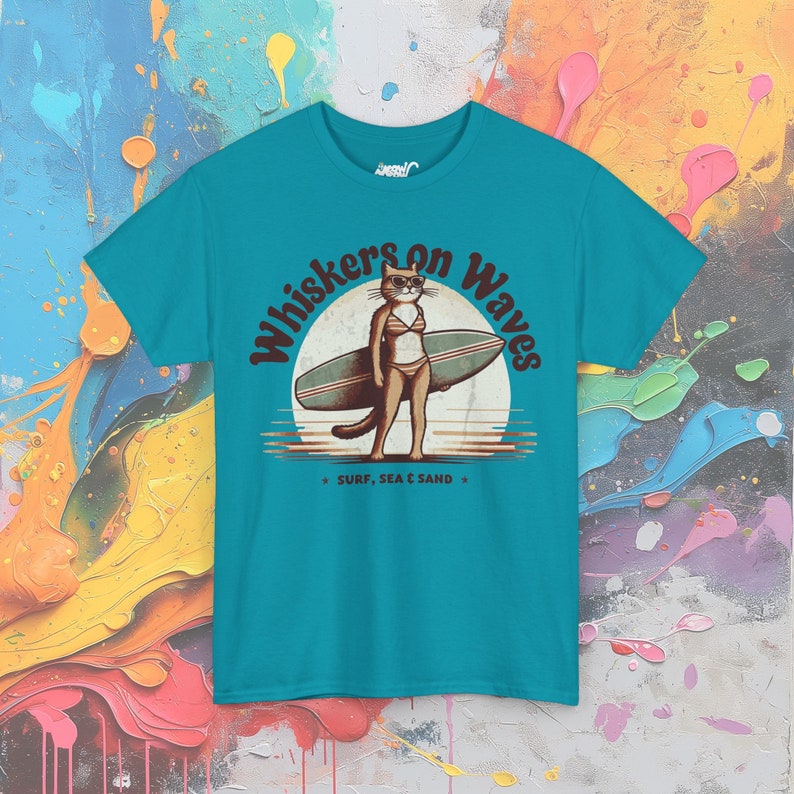 Camiseta de gato surfero: Bigotes en las olas, playera para amantes de la playa Tropical Blue