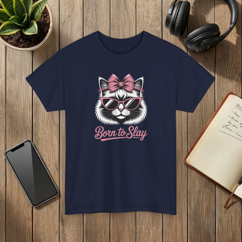 Born to Slay Cute Cat Graphic T-Shirt Soft Cotton Unisex Tee Navy