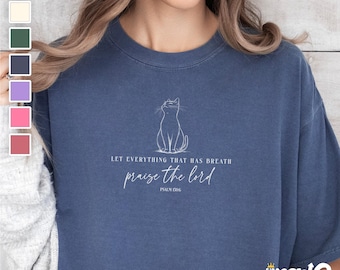 Camiseta con gato religioso en colores cómodos / Camiseta con frase "Alabado sea el Señor Jesús" / Camiseta con versículo bíblico de fe