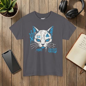 ロボット猫Tシャツ、サイバーパンクグラフィティメカグラフィックTシャツ、ストリートウェア猫好きシャツ 画像 6