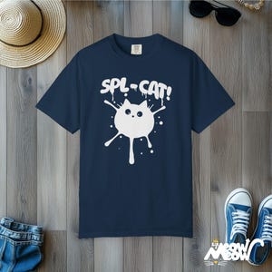Splat Cat Comfort Colors Shirt: Funny Ink Splatter Tee True Navy