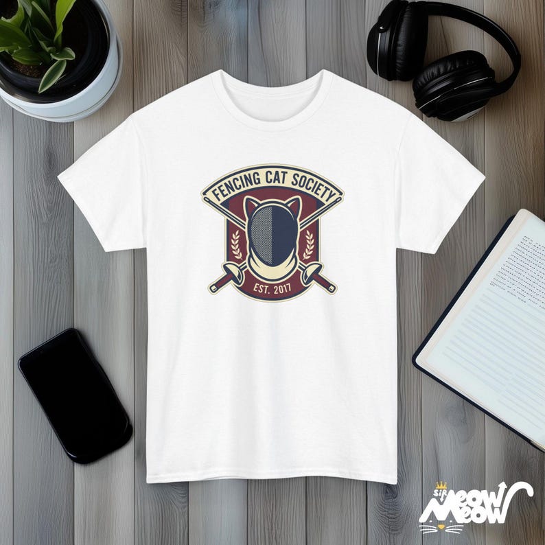 Fencing Cat Society Vintage Style Graphic T-Shirt with Cat Mask and Swords Design White