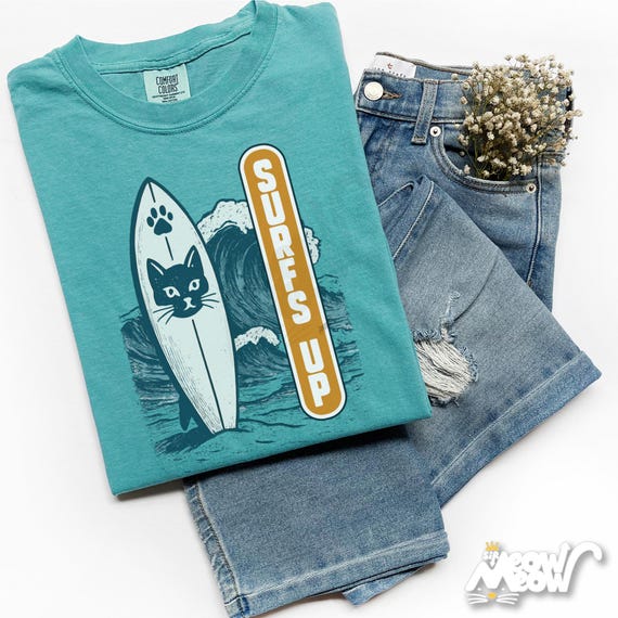 Cat Surfs Up T-Shirt: Retro Surfboard Kitty Tee, Comfort Colors