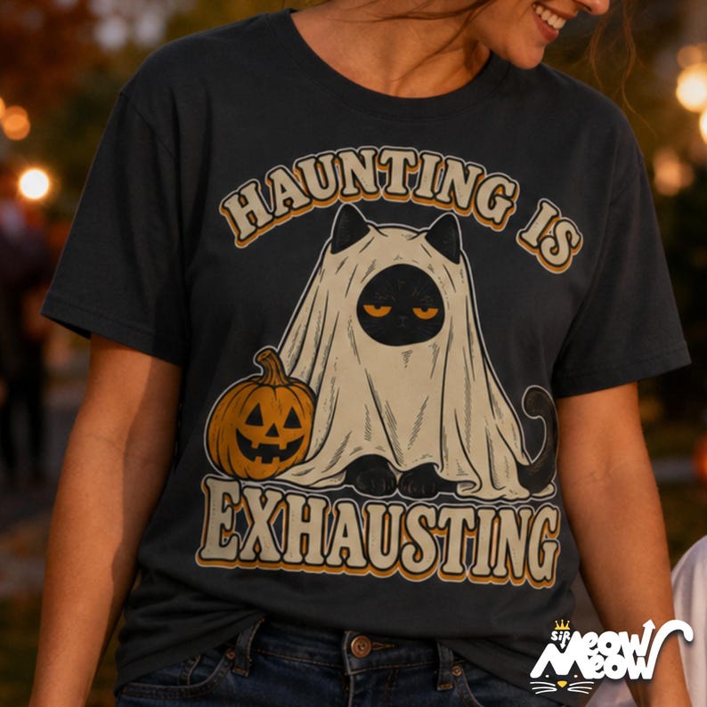 Funny Cat Ghost Shirt, Haunting Is Exhausting Halloween Tee, Retro Spooky Season Gift image 1