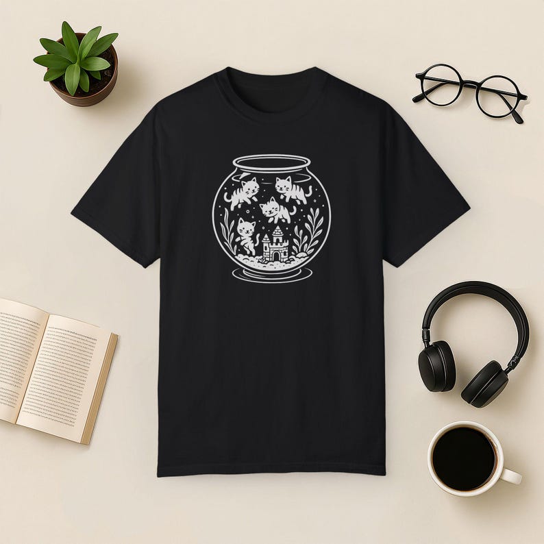 Funny Cat Fishbowl T-Shirt: Comfort Colors Kitty Aquarium Tee Black