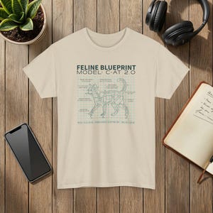Feline Blueprint T-Shirt Cat Anatomy Illustration Science Graphic Tee Sand