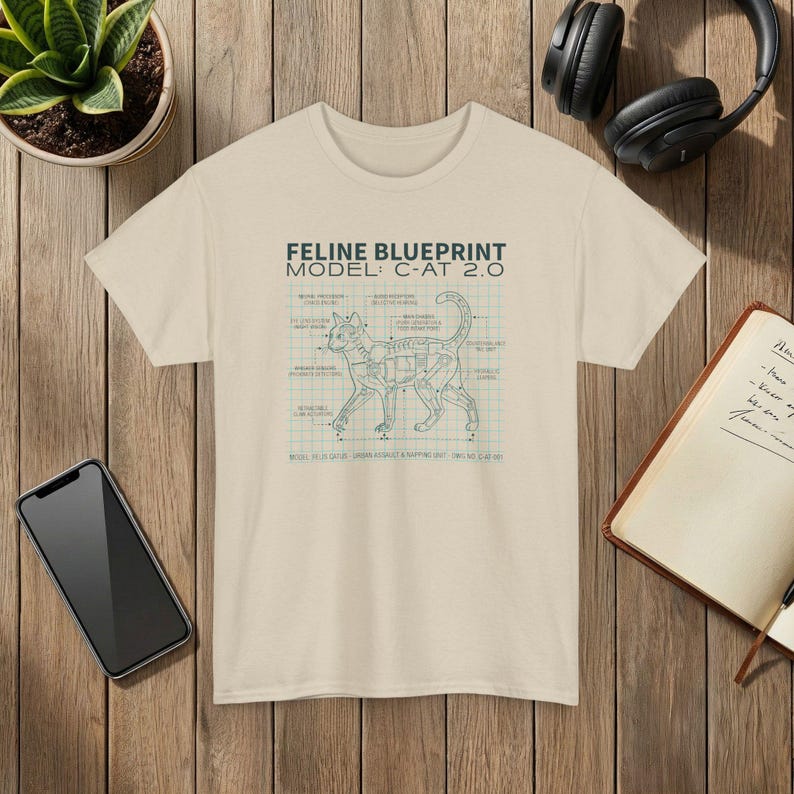 Feline Blueprint T-Shirt Cat Anatomy Illustration Science Graphic Tee Sand