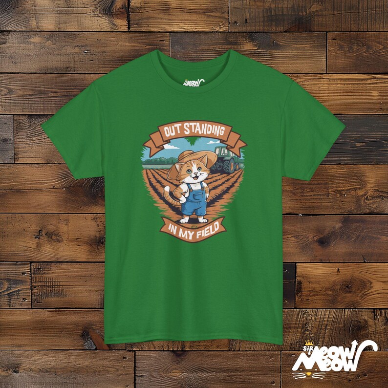 Funny Farmer Cat Graphic Tee - Outstanding in My Field - Cat Lover Gift Turf Green