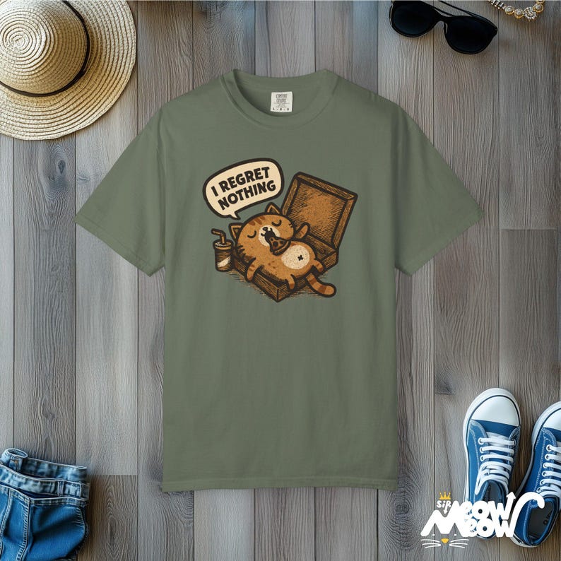 Lustiges Pizza Katzen-T-Shirt: Komfortfarben Unisex-T-Shirt, Sir Meow Miau-Grafik Moss