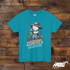Cute Cat Gardener T-shirt in Tropical Blue/Teal Color