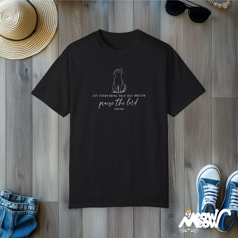 Comfort Colors Religious Cat Shirt | Praise the Lord Jesus Shirt Tee | Bible Verse Faith T-Shirt Black