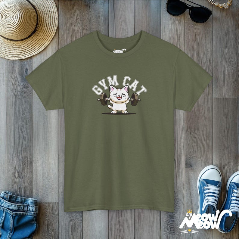 Gym Cat T-Shirt: Workout Feline Tee for Fitness & Cat Lovers Military Green