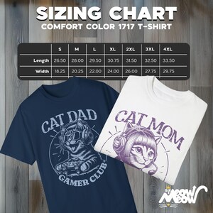 Sizing chart for the Cat Parent Gamer Club T-Shirts.