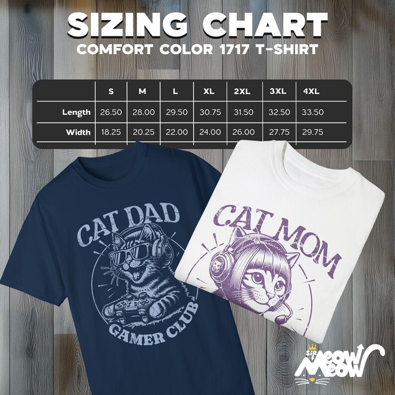 Sizing chart for the Cat Parent Gamer Club T-Shirts.